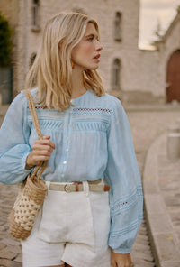 Petite Studio NYC's Elyna Linen Blouse in Sky