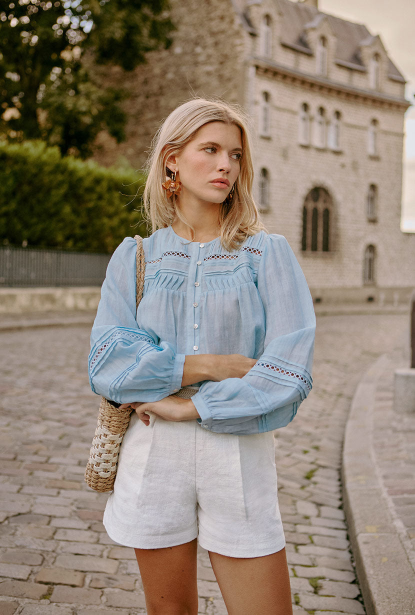 Petite Studio NYC's Elyna Linen Blouse in Sky