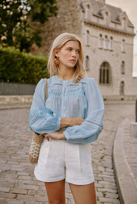 Petite Studio NYC's Elyna Linen Blouse in Sky