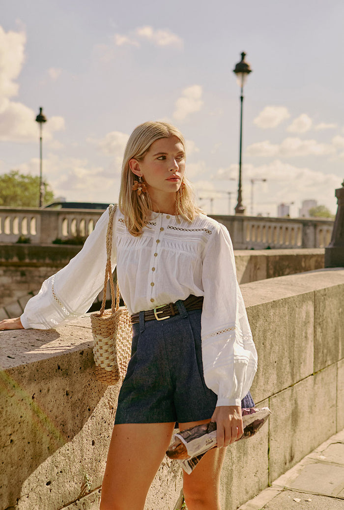 Petite Studio NYC's Elyna Linen Blouse in White