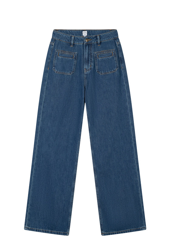 Petite Studio's Odilia Mid Rise Straight Leg Jeans in Mid Indigo 