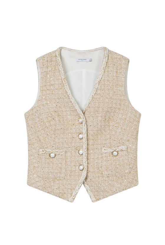 Petite Studio's Jamina Cotton Blend Tweed Vest in Camel